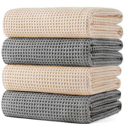 POLYTE 430 GSM Poly Blend Microfiber Quick Dry Waffle Bath Towel, 30x60 in | 4 Pack, Oversize, Lint Free, Body Towel - color: Gray,light Beige