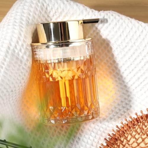 RYTOXILO Foaming Soap Dispenser, Gold Glass Foam Hand Soap Dispenser for Bathroom, Refillable 7.8 Fl Oz Foamy Pump Bottle with Plastic Golden Pump, Modern Dish Soap Foam Dispenser Container - color: Clear Bottle+ Gold Pump