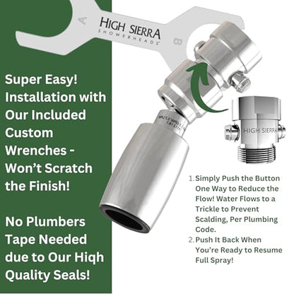 High Sierra® - Solid Metal 1.5 GPM Award Winning, Ultra Low Flow Shower Head with Trickle Valve. Patented Nozzle Never Clogs. Long Nut Hides Shower Arm Threads. Polished Chrome Finish - color: Chrome, size: 1.5 GPM