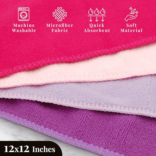 EcoSol Designs - Microfiber Towels, Cleaning & Drying Must-Have, Soft, Thick Dry/Wipe for Personal/Home/Office/Car Use, 4 12x12 Towels with Hanging Loops in Dark and Light Pink, Purple & Lavender - color: Pink Dark, Pink Light, Purple, Lavender