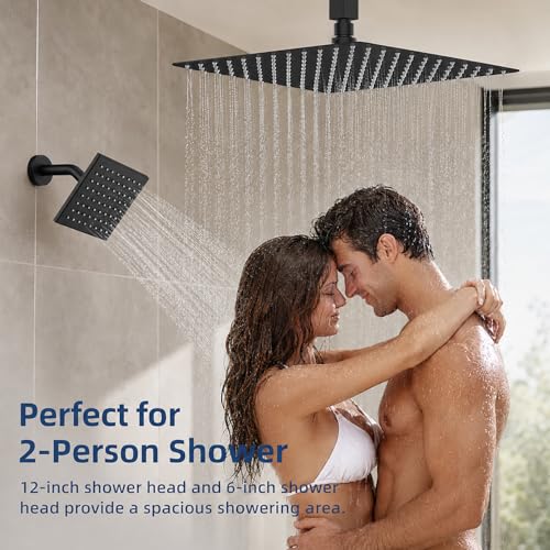 Thermostatic Dual Shower Head System, Matte Black Shower Faucet | 12 Inch Ceiling Rainfall Shower, 6 Inch Wall Mount Head, High Pressure Handheld Sprayer, Push Button Valve - color: Matte Black