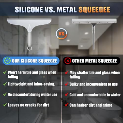 Shower Squeegee for Glass Shower Doors Bathroom Tile Mirror – Streak-Free Silent Window Cleaner with Non-Slip Handle and Adhesive Hook for Car and Home Cleaning