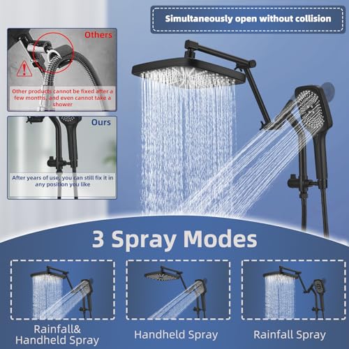 12" High Pressure Rain/Rainfall Shower Heads With Handheld Spray Combo (3+1 Settings & Built-in Power Wash Mode), Double/Dual Shower Head With Handheld - Height/Angle Adjustable(Matte Black) - color: Matte Black, size: 12 Inch