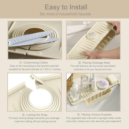 Silicone Faucet Mat with Sponge Holder, Sink Splash Guard, Faucet Draining Mat for Kitchen Bathroom, 5° Slope Split-flow Drainage, Sink Dry and Tidy Organizer, Gray - color: Gray