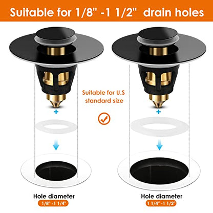 Universal Bathroom Sink Stopper, Basin Pop-up Bathroom Sink Drain Strainer, Bathroom Drain Stopper with Stainless Steel Hair Catcher for 1.1-1.5 Inch Drain(1 PCS, Black) - color: Matte Black