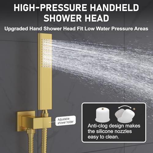 Iriber Brushed Gold Rain Shower System with 12 Inch Shower Head and Handheld shower Bathroom Wall Mounted Golden Shower Set Contain Shower Faucet Mixer Valve and Trim Kit (Valve Cartridge Included) - color: Brushed Gold 05