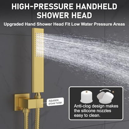 Iriber Brushed Gold Rain Shower System with 12 Inch Shower Head and Handheld shower Bathroom Wall Mounted Golden Shower Set Contain Shower Faucet Mixer Valve and Trim Kit (Valve Cartridge Included) - color: Brushed Gold 05