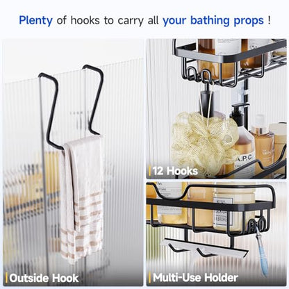 Skyapex Shower Caddy Over the Door Organizer: Bath Rack Hanging Over Glass with Hooks - Storage Shelf Inside Bathroom for Shampoo - Matte Black