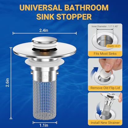 Bathroom Sink Drain Strainer, Pop-Up Bathroom Sink Stopper with Removable Stainless Steel Hair Catcher Basket, Universal Fit for US Bathroom Sinks, Showers & Floor Drains (4pcs) - color: 4pcs
