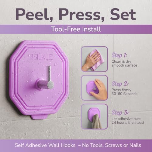 SILKLE Silicone Shower Hooks for Inside Shower, 2-Pack Adhesive Towel Hooks | Adhesive Shower Hooks, No Drill - Razor & Loofah Holders for Shower Wall, Heavy-Duty, Waterproof, Damage-Free - Purple - color: Purple