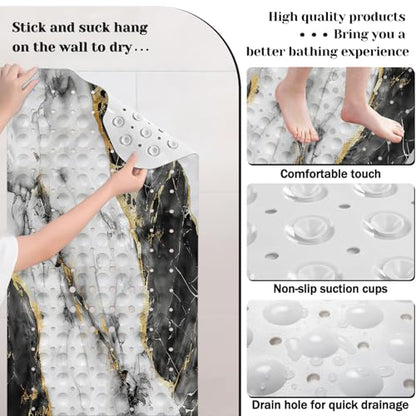Marble Bath Tub Mat Non Slip, Blcak Gold White Marble Non Slip Bath Mat for Shower, Large Washable Shower Mats for Showers with Drain Holes and Suction Cups,40 X 16 Inch - color: Black White Marble