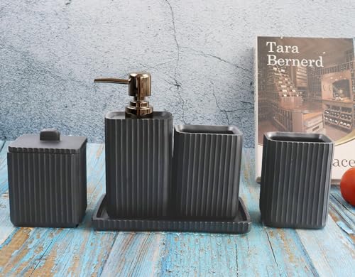 Hymmah Black Bathroom Accessories Set,Unique Design Bathroom Set 5 Pcs Resin Gift Set Apartment Necessities, Contain Cotton Swab Jar,Soap Dispenser,Soap Dish/Tray,Tumbler - color: Black 5