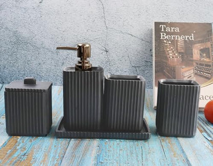 Hymmah Black Bathroom Accessories Set,Unique Design Bathroom Set 5 Pcs Resin Gift Set Apartment Necessities, Contain Cotton Swab Jar,Soap Dispenser,Soap Dish/Tray,Tumbler - color: Black 5