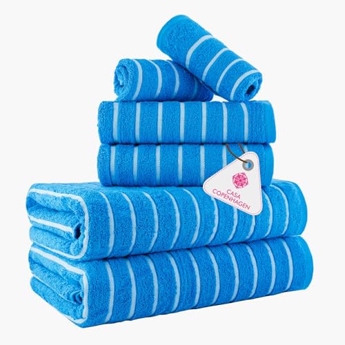CASA COPENHAGEN Ecstatic 6Pcs 100% Egyptian Cotton Large Designer Towels Gift Set- Electric Blue, 600GSM, 2Bath 2Hand 2Washcloths, Bath Towels for Bathroom Set for Women & Men - color: Ecstatic 6pcs Towel Set Electric Blue, size: 6Pcs Towel Set