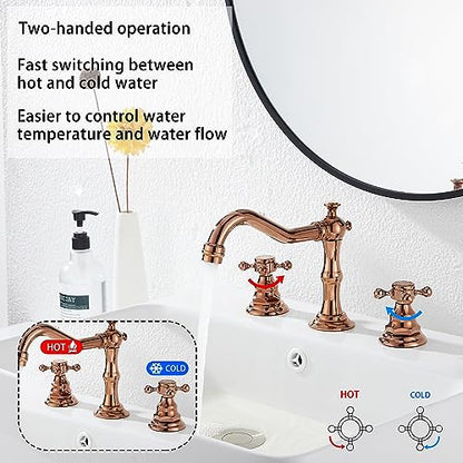 8-16 inch Two Handles 3 Holes Widespread Bathroom Sink Faucet Copper Basin Mixer Tap Faucet Matching Metal Pop Up Drain with Overflow - color: Copper, style: Metal Cover