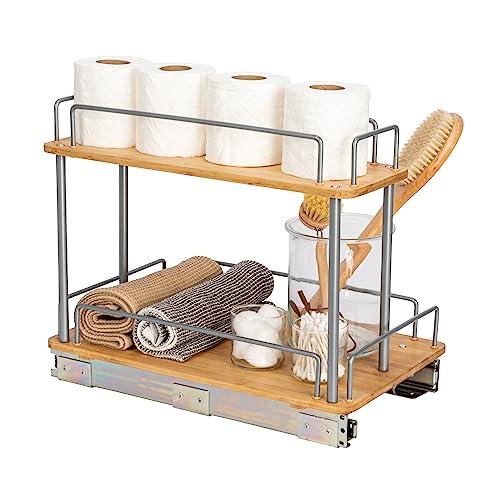 Household Essentials Bamboo and Silver Iron Two-Tier Slide-Out Organizer - size: 11.5", style: Steel Rim Undersink