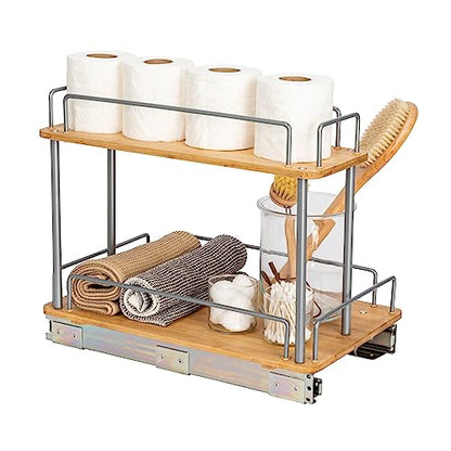 Household Essentials Bamboo and Silver Iron Two-Tier Slide-Out Organizer - size: 11.5", style: Steel Rim Undersink