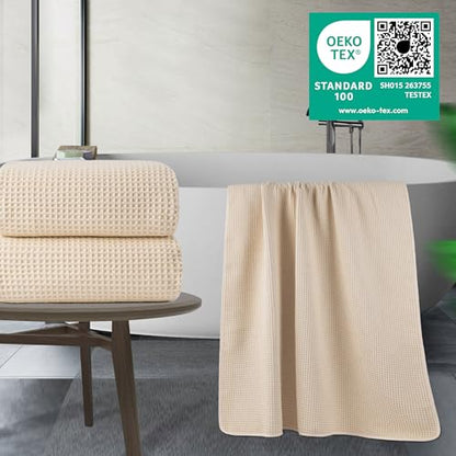 POLYTE 430 GSM Poly Blend Microfiber Waffle Bath Sheet XL Set, 35x70 in | 2 Pack, Oversize, Lint Free, Quick Dry - color: Light Beige, size: 35 x 70 in