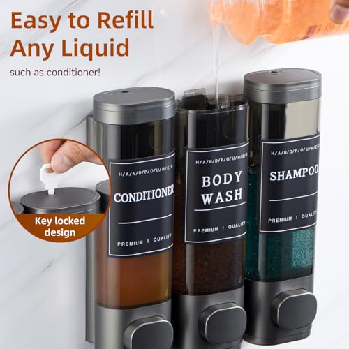 Shampoo and Conditioner Dispenser,Shower Soap Dispenser 3 Chamber No Drill Wall-Mounted Shampoo Dispenser for Shower Wall Mounted Shower Dispenser for Bathroom Hotel Large Capacity,Dark Gray1 - color: Dark Gray 3 Chamber
