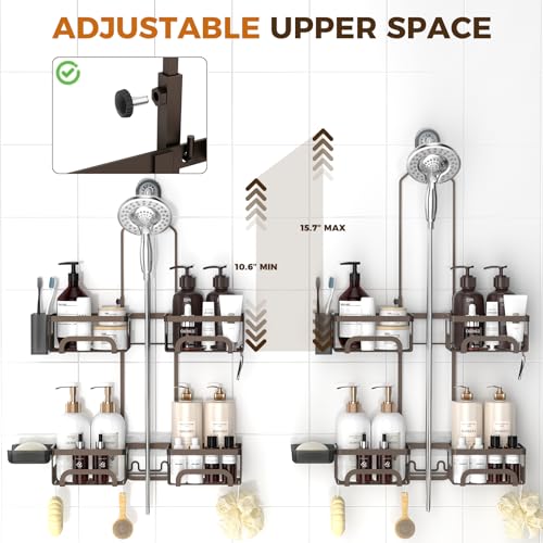 REINHARDT Split Shower Caddy Hanging for Handheld Showerheads, Bronze | Adjustable Shower Organizer, Rustproof, 16 Hooks, Soap Holder, 40lbs Capacity, Anti-Slip, Tool-Free, Bathroom Accessories - color: Bronze