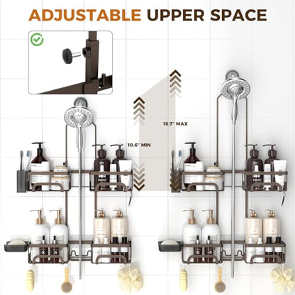 REINHARDT Split Shower Caddy Hanging for Handheld Showerheads, Bronze | Adjustable Shower Organizer, Rustproof, 16 Hooks, Soap Holder, 40lbs Capacity, Anti-Slip, Tool-Free, Bathroom Accessories - color: Bronze