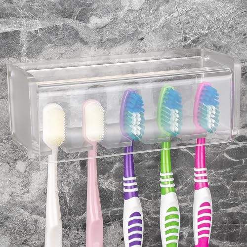 5 Slots Wall Mount Toothbrush Holder with Cover, Self Adhesive Toothbrush Storage Organizer for Shower, Toothbrush Hanger for Bathroom, Medicine Cabinet, Dorm (Frosted) - color: Frosted 1 Pack