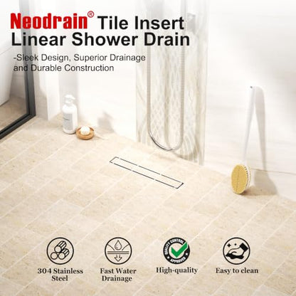 Neodrain 18-Inch Linear Shower Drain-Brushed,with Tile Insert Grate | 304 Stainless Steel, Fast Drainage, Rectangle Shower Floor Drain with Leveling Feet & Hair Strainer, Fits Bathroom, Balcony - color: Brushed, size: 18 IN