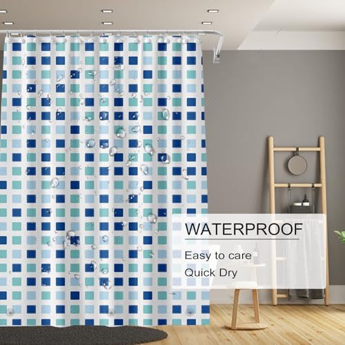 TIKABC Shower Curtain Liner, 4G PEVA Shower Liner, Plastic Waterproof Shower Curtains, 72x72 inch with Grommet Holes 3 Magnetic Weights - color: Blue Green Blocks