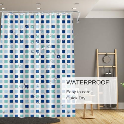TIKABC Shower Curtain Liner, 4G PEVA Shower Liner, Plastic Waterproof Shower Curtains, 72x72 inch with Grommet Holes 3 Magnetic Weights - color: Blue Green Blocks