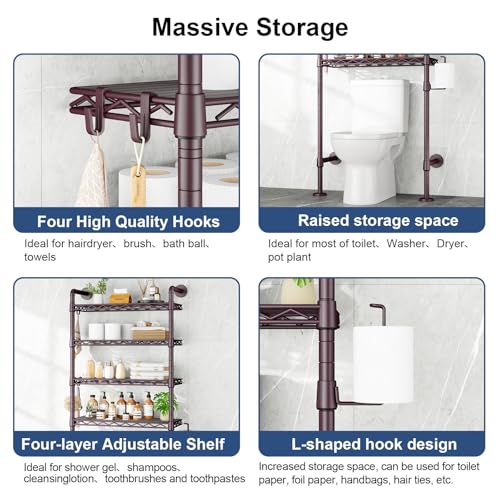 K3 Wall Mounted 4-Tier Over the Toilet Storage，Metal Above Toilet Storage with Paper Hook,Over Toilet Bathroom Organizer with Adjustable Shelf，Above Toilet Rack 9.7"Dx 25.6"Wx 74.3"H,Espresso