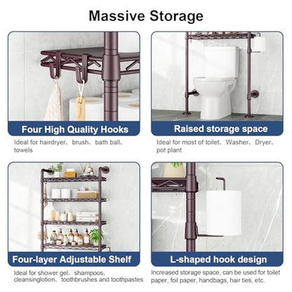 K3 Wall Mounted 4-Tier Over the Toilet Storage，Metal Above Toilet Storage with Paper Hook,Over Toilet Bathroom Organizer with Adjustable Shelf，Above Toilet Rack 9.7"Dx 25.6"Wx 74.3"H,Espresso