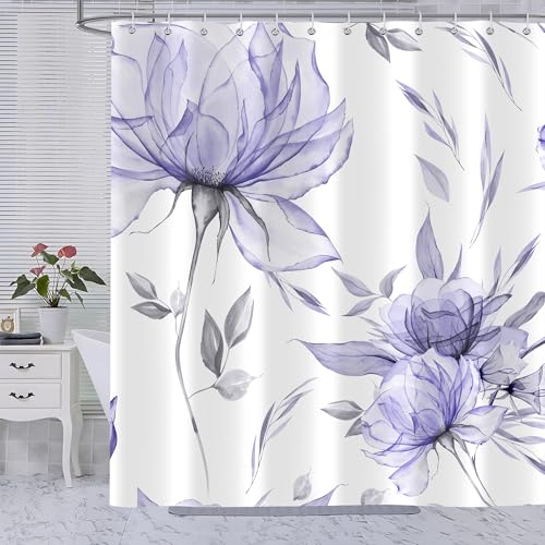 Purple Grey Watercolor Floral Shower Curtain, Flower Leaves Minimalist Aesthetic Art Shower Curtains for Bathroom Sets Decor, Waterproof Polyester Cloth Fabric with 12 Hooks,72x72 Inch - color: Purple, size: 72"W x 72"L (Pack of 1)