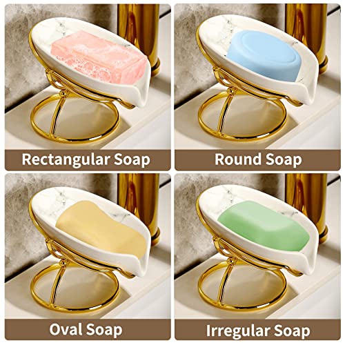 Dobbyby Leaf-Shaped Soap Dish – Ceramic Soap Bar Holder with Self-Drainage System – Bar Soap Holder for Shower, Bathroom Sink, Kitchen – Soap Dish with Stainless Steel Stand (White-Gold-2 Pack) - color: White-gold-2 Pack