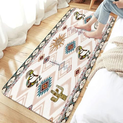 JAWO Southwestern Ethnic Tribal Bathroom Rug, Geometric Retro Abstract Art, Memory Foam, Blue (17X48inches) - color: Blue, size: 1'5" x 4' (Rectangular)