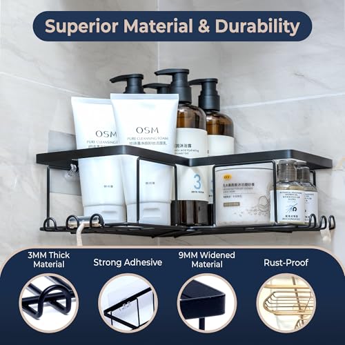Corner Shower Caddy Organizer - Rustproof Stainless Steel Bathroom Shelves for Inside Shower Storage - Heavy Duty Corner Rack with Shampoo Holder - Silver Adhesive Shelf