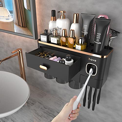 iHave Toothbrush Holders Bathrooms Wall Mount Toothpaste Dispenser & 3 Cups | Luxury White & Gold Bathroom Decor:3 Cups, 6 Slots, Toothpaste Dispenser, Large Tray & Drawer Wall Mount Toothbrush Organizer - color: Black Gold, size: 3 Cup