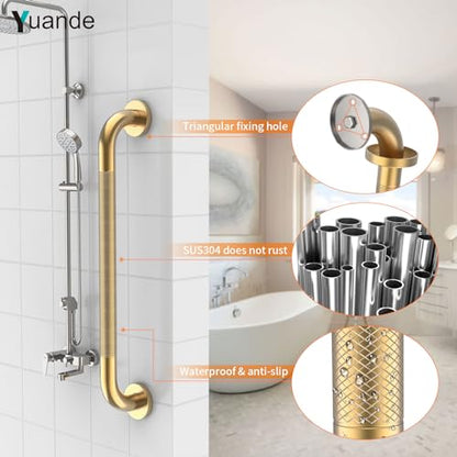 24 Inch Anti Slip Shower Grab Bar,YuanDe Brushed Gold Bath Grab Bar | Stainless Steel Knurled Bathroom Safety Rail, Shower Handrail Support, Handicap Elderly Balance Assist Handles-1.25" Diameter - color: Brushed Gold, size: 24inch-1 Pack