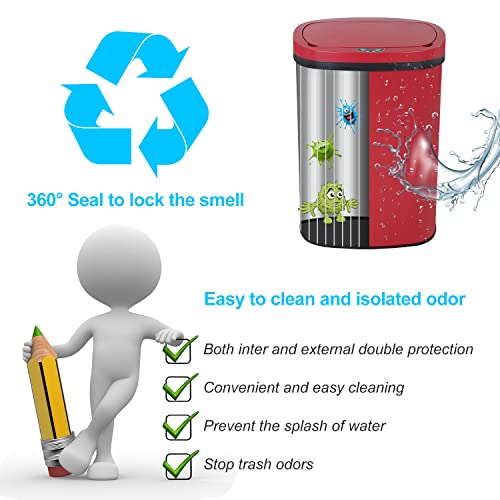 13 Gallon 50L Touch Free Automatic Stainless Steel Trash Can Garbage Can Metal Trash Bin with Lid for Kitchen Living Room Office Bathroom, Electronic Motion Sensor Automatic Trash Can - Red - color: Red