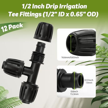 12 Pack 1/2 Inch Drip Irrigation Tee Fittings (1/2" ID x 0.6-0.65" OD), 1/2'' Dripline Barbed Tee Connectors with Anti-Drop Lock Nuts for Garden Lawn Irrigation System Connection - size: 1/2" Nut Tee-12P