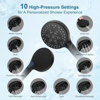 Hibbent All Metal 10" High Pressure Rain Shower Head Combo, Matte Black | cUPC Certified Rainfall Shower Head with handheld 10 Sprays, 16'' Adjustable Extension Arm, 71'' Hose, Showerhead Holder - color: Matte Black, style: Square 10''