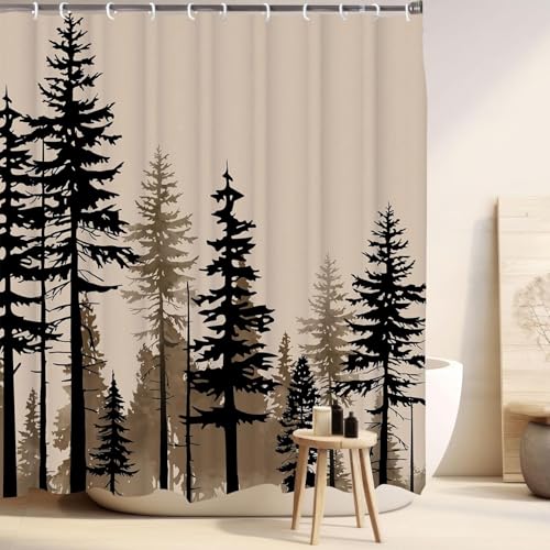 Farmhouse Forest Shower Curtain, Pine Trees Retro Vintage Misty Woodland Fabric Shower Curtains Set, Nature Cabin Cottage Rural Bathroom Curtains with Hooks, Brown Black 36X72inches - color: Multi-9, size: 36"W x 72"L (Pack of 1)