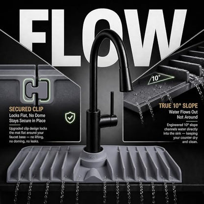 Premium Kitchen Sink Splash Guard – 18" x 5.7" Silicone Faucet Mat with Secure Pressure Clip, True 10° 3D Drainage(No Pooling), Anti-Lift Design, Flexible Leak-Sealing Ring, Non-Slip Fit Behind Faucet - size: 18" x 5.7"