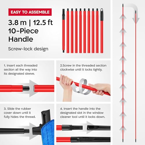 Tyroler Window Squeegee with Extension Pole 1-12.5ft | Window Cleaner Tool | | 10-Part Windows Washing Kit with Extension Pole | Professional Telescopic Window Squeegee for Home & High Glass - color: Black - 1 Ft-12.5 Ft