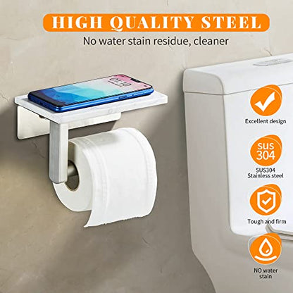 Brushed Nickel Toilet Paper Holder with Marble-Look Shelf, Wall Mounted SUS304 Stainless Steel Toilet Roll Holder with Phone Storage - color: Brushed Nickel