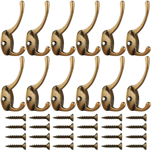 IBosins 12 Pack Antique Brass Double Coat Hooks Wall Mounted with 24 Screws | Retro Double Hooks Utility Hooks for Coat, Scarf, Bag, Towel, Key, Cap, Cup, Hat - color: Antique Brass