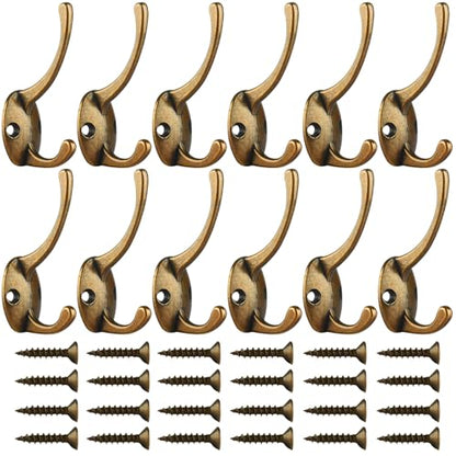 IBosins 12 Pack Antique Brass Double Coat Hooks Wall Mounted with 24 Screws | Retro Double Hooks Utility Hooks for Coat, Scarf, Bag, Towel, Key, Cap, Cup, Hat - color: Antique Brass