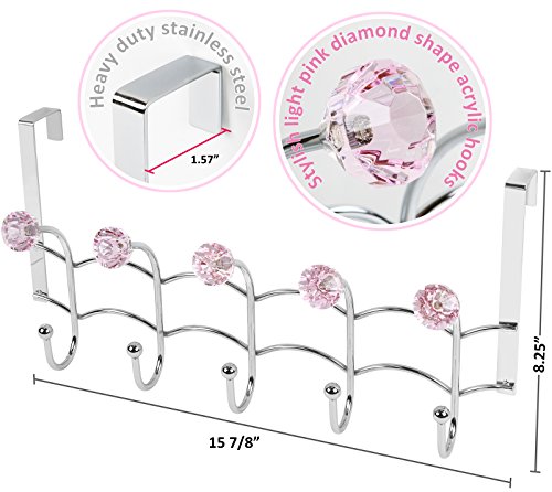 Over the Door Hooks Rack Pink Acrylic Hanger | Decorative, Girls Room, Stainless Steel Organizer, Purse Door Hanger Towel Rack (10 Hooks)
