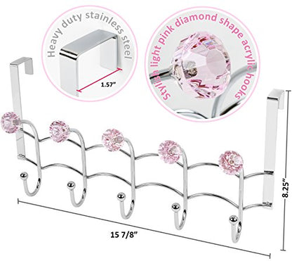Over the Door Hooks Rack Pink Acrylic Hanger | Decorative, Girls Room, Stainless Steel Organizer, Purse Door Hanger Towel Rack (10 Hooks)