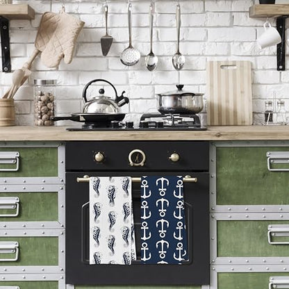 Ocean Themed Dish Towels Set - Navy Coastal Nautical Waffle Weave Kitchen Towels, Navy Blue Ocean Themed Hand Tea Towel, Coastal Bathroom Decor (16×24 Inches Set of 4) - color: Nautical E