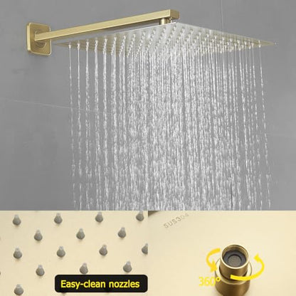 Brushed Gold Shower System 16 Inch Bathroom Luxury Rain Mixer Shower Combo Set Wall Mounted Rainfall Shower Head and Handheld System Shower Faucet Set Rough-in Valve Body and Trim Kit - color: Brushed Gold, size: 16 Inch